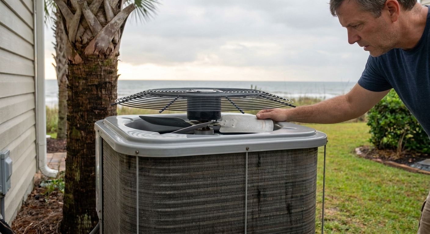 HVAC technician diagnosing short cycling air conditioner in Myrtle Beach home
