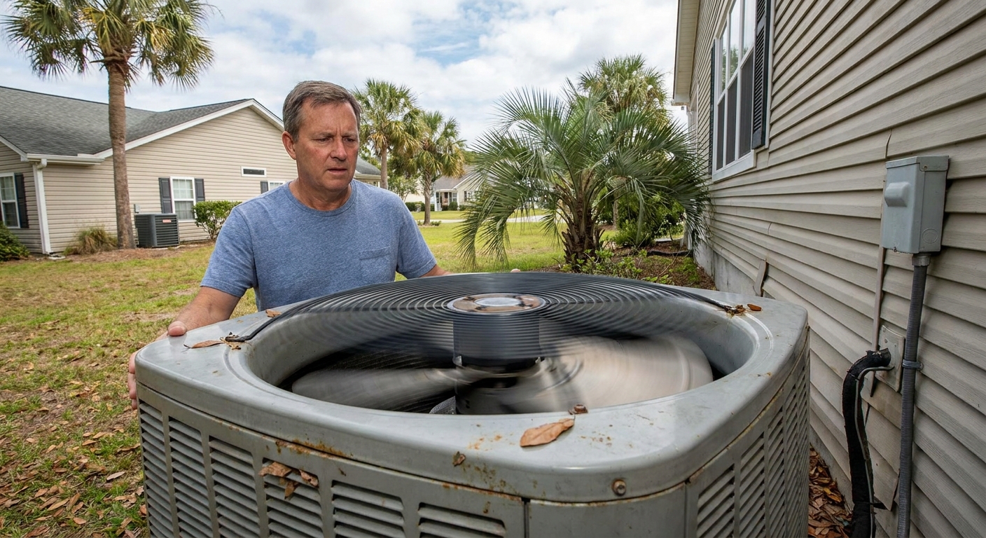 HVAC technician inspecting noisy HVAC system in Murrells Inlet home
